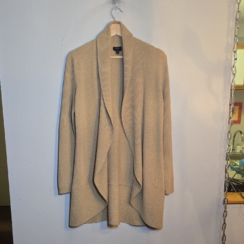 Talbots Cashmere Cozy Tan Open Front Long Knit Cardigan Sweater NWOT